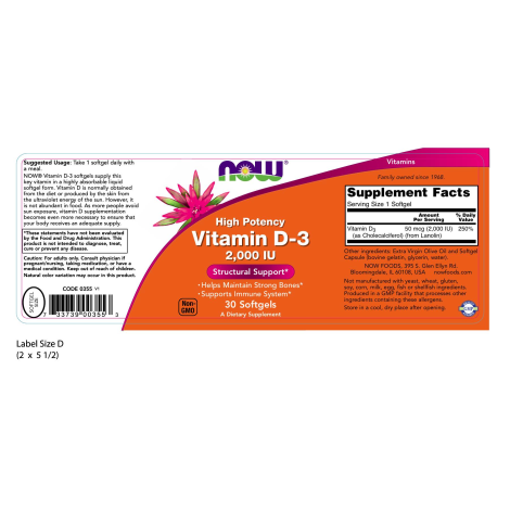 Vitamina D-3 2000 UI (30 Softgels)/ Vitamin D-3 2000 IU 30 caps gel.