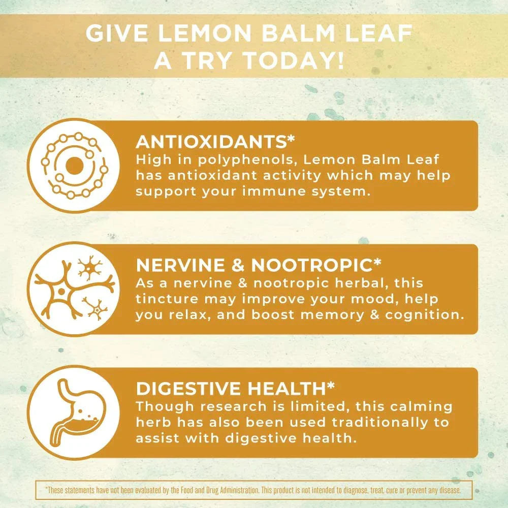 Gotas Líquidas de Hoja de Bálsamo de Limón Orgánico/Lemon Balm Leaf 1oz (30ml)