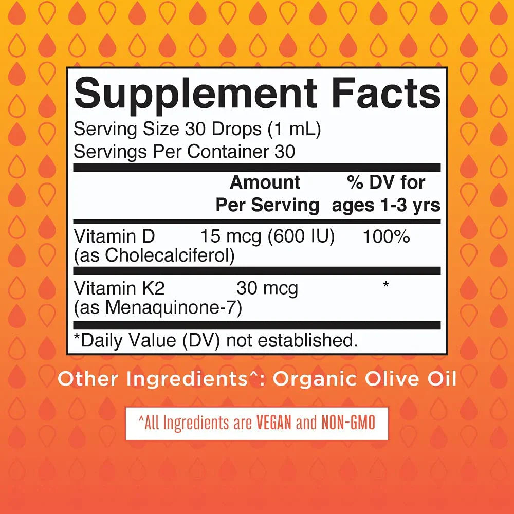 Gotas líquidas de vitamina D3+K2 para niños pequeños / Toddler Vitamin D3+K2 Drops, Unflavored, Org, 1 oz