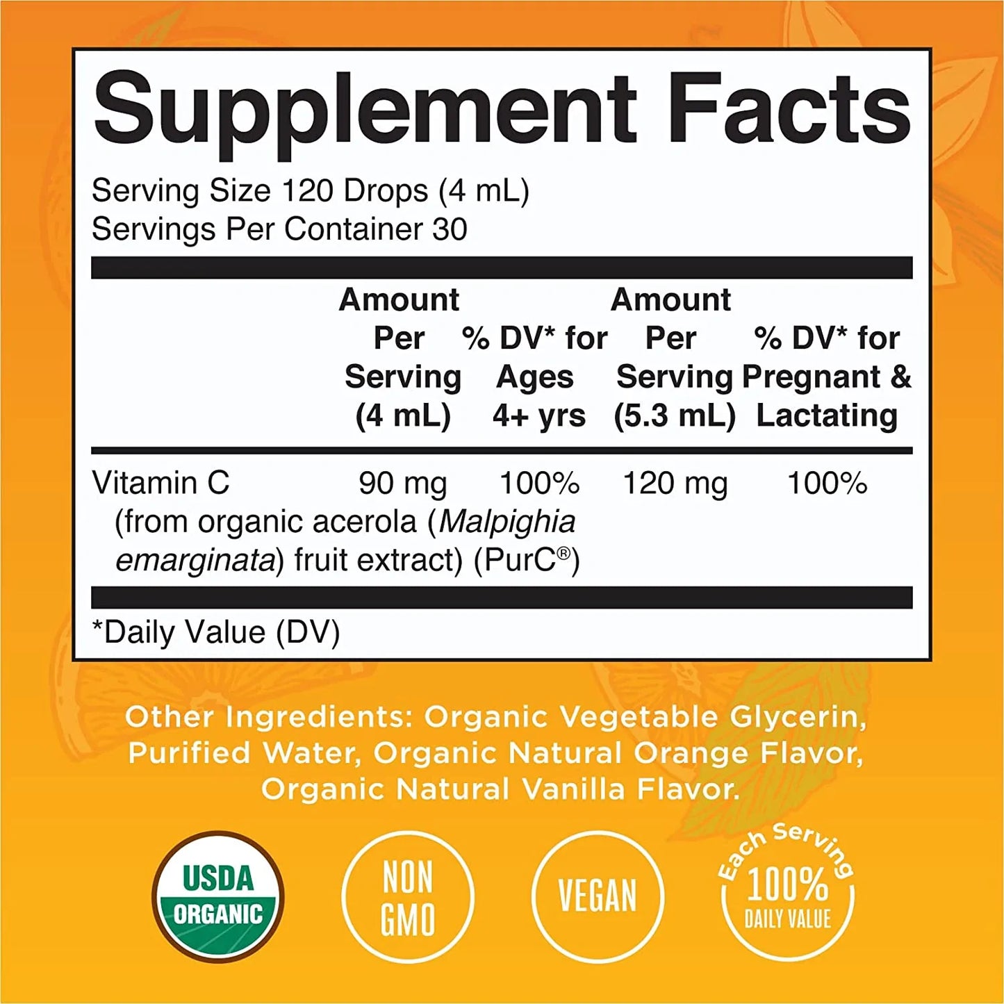 Gotas líquidas de vitamina C orgánica (120ml) / Adult Vitamin C Drops, Orange Vanilla, Org, (4oz)