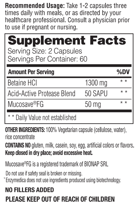 Betaína HCl, 1300 mg (60 caps), Enzymedica
