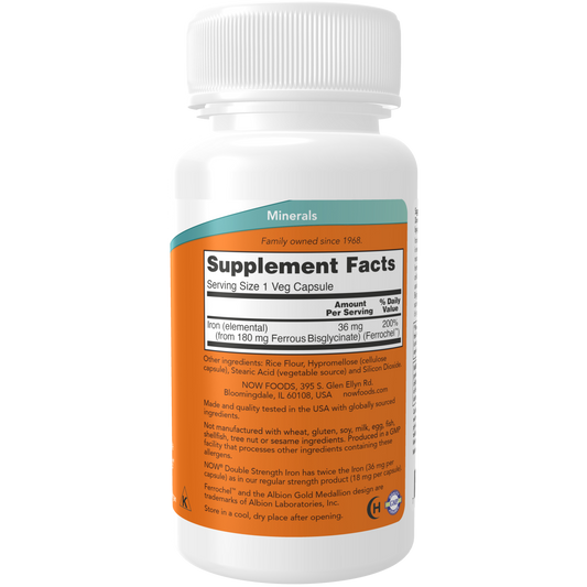 Hierro 36 mg, doble concentración (90 Veg Caps) / Iron 36 mg, Double Strength. Bisglicinato. Sin estreñimiento.