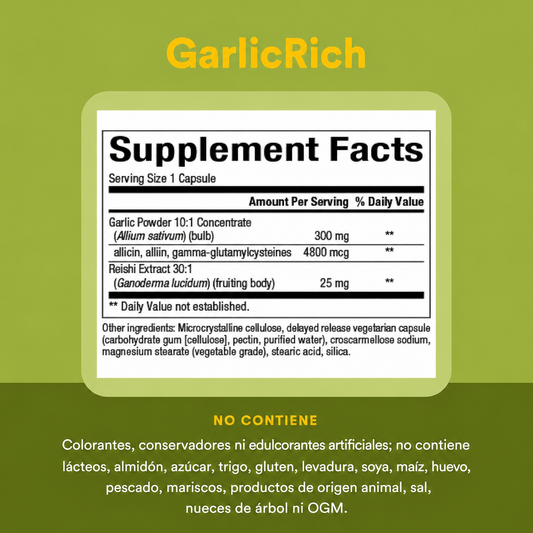 GarlicRich® Ajo + Reishi Super Fuerza de Liberación Retardada 120 vcap, Natural Factors