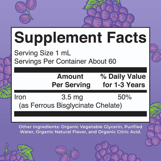 Gotas líquidas orgánicas de hierro para niños pequeños (60ml) / Toddler Iron Drops, Grape, Org, (2oz)