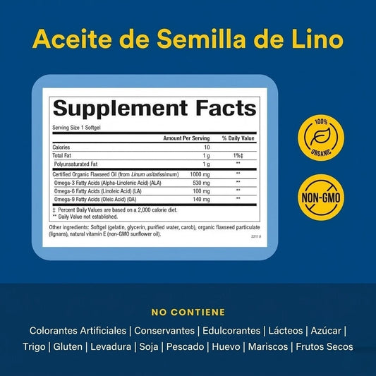 OmegaFactors® Aceite de linaza 1,000 mg Orgánico Certificado 90 sg, Natural Factors