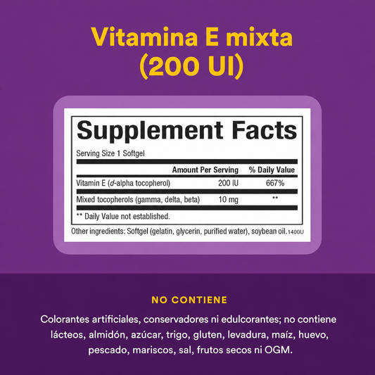 Vitamina E 134 mg (200 IU) (d-alpha tocopherol) w/ 10 mg mezcla de tocoferoles 90 sg, Natural Factors