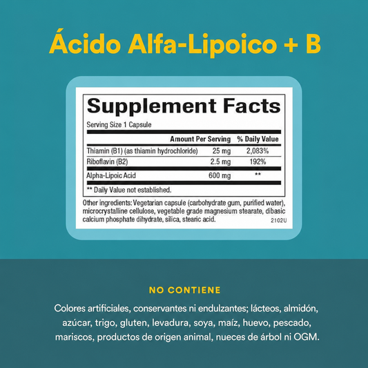 Ácido Alfa-Lipoico 600 mg con B1 & B2 60 vcap, Natural Factors