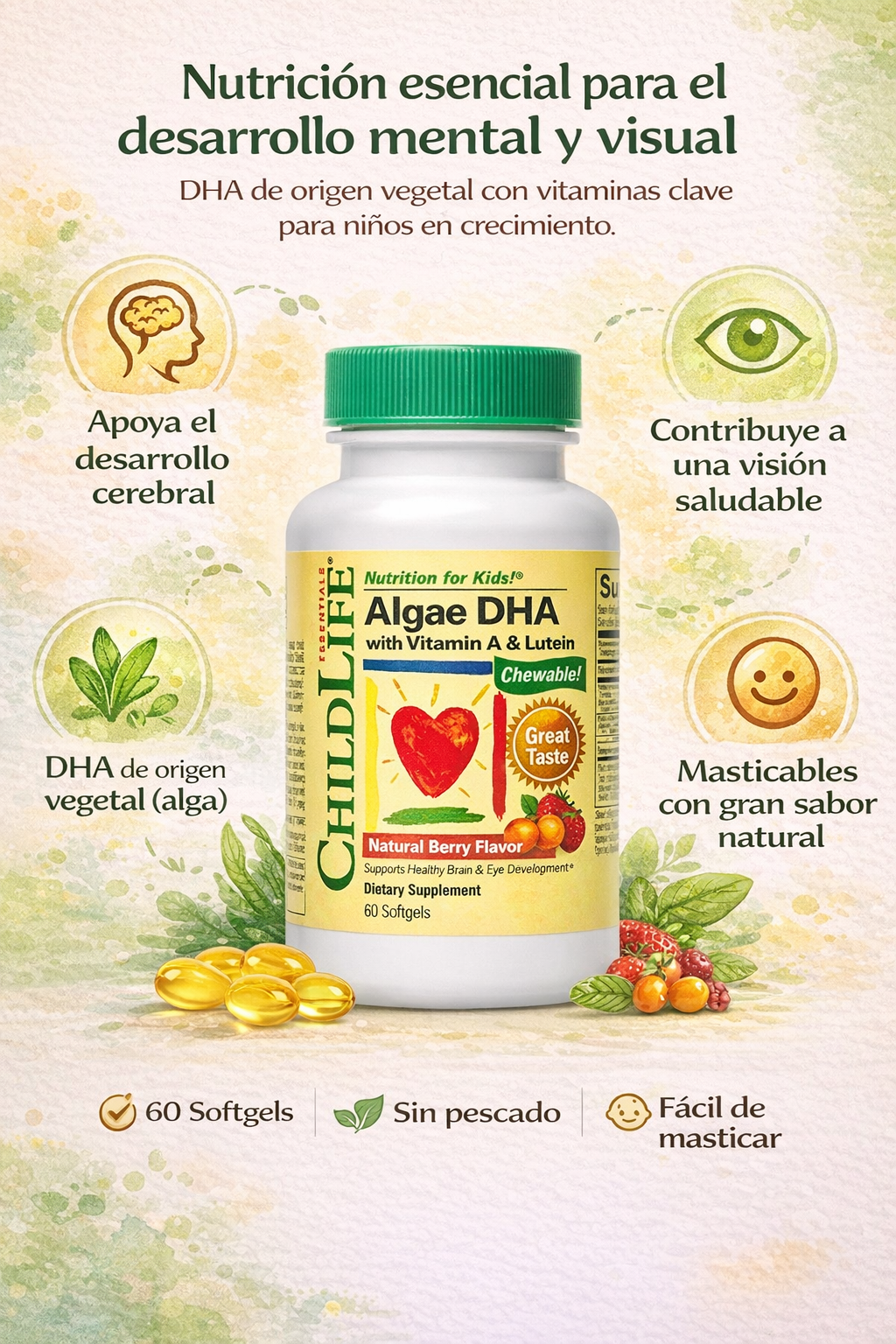Alga DHA con vitamina A y Luteína (60 caps blandas)/ ALGAE DHA with vitamin A & Lutein Algae DHA (60 soft gels)