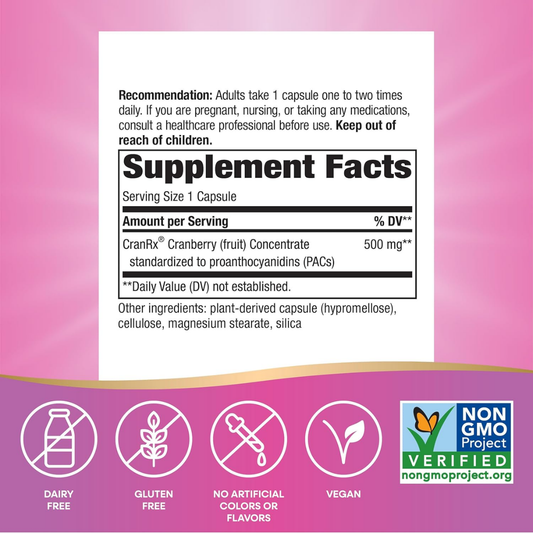 CranRx Arándano Rojo Bioactivo - Salud Urinaria - 500mg - 30 Cápsulas Vegetales