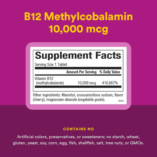 B12 Metilcobalamina 10,000 mcg Masticable 30 tab, Natural Factors