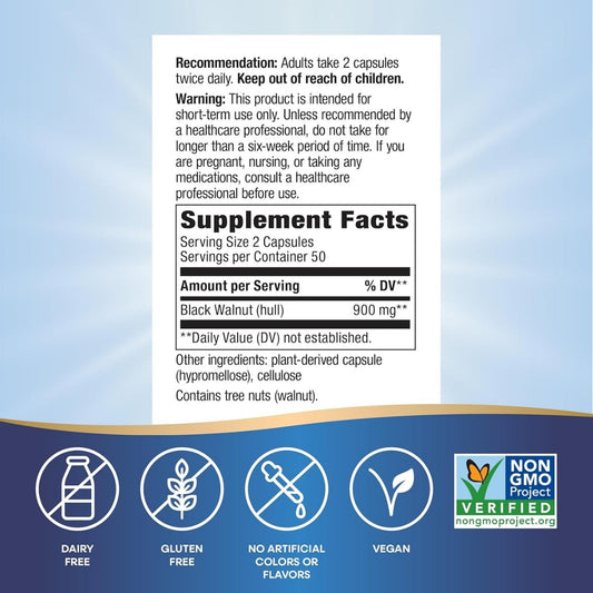 Nuez Negra - Cáscara - 1,000mg - 100 Cápsulas Veganas