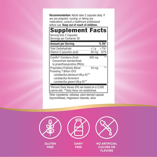 CranRx Arándano Rojo Bioactivo - Women's Care con Probióticos - Siete Mil Millones de Cultivos - Salud Urinaria - 60 Cápsulas