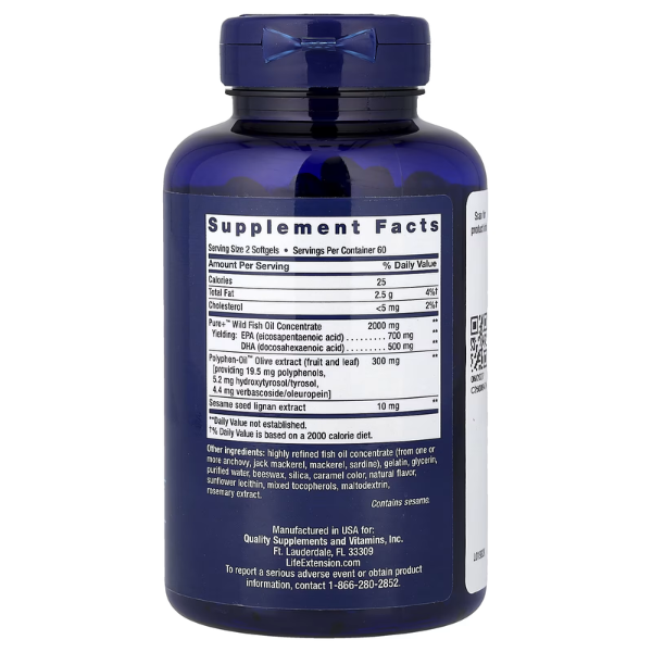 Aceite de pescado con superomega-3 EPA/DHA, lignanos de sésamo y extracto de oliva (120 cápsulas blandas) , Life Extension