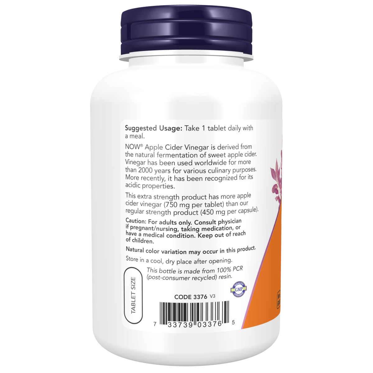 Vinagre de sidra de manzana, tabletas extra fuertes (750mg) / APPLE CIDER VINEGAR 750MG 180 TABLETS