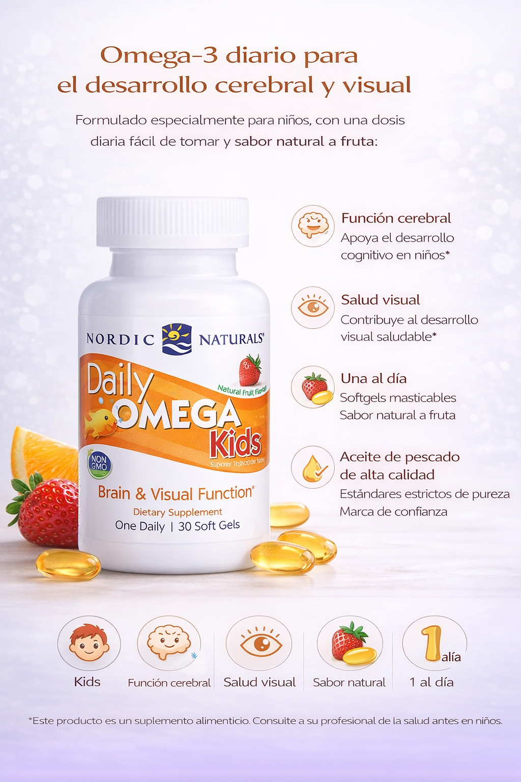 Daily Omega Kids - Omega-3 para Niños - Fruta - 30 Cápsulas Blandas