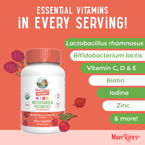 Multivitamínico orgánico para niños + Gomitas posbióticas/ Kids Multivitamin & Postbiotics Gummies, Mixed Berry & Cherry, Org, 60 ct