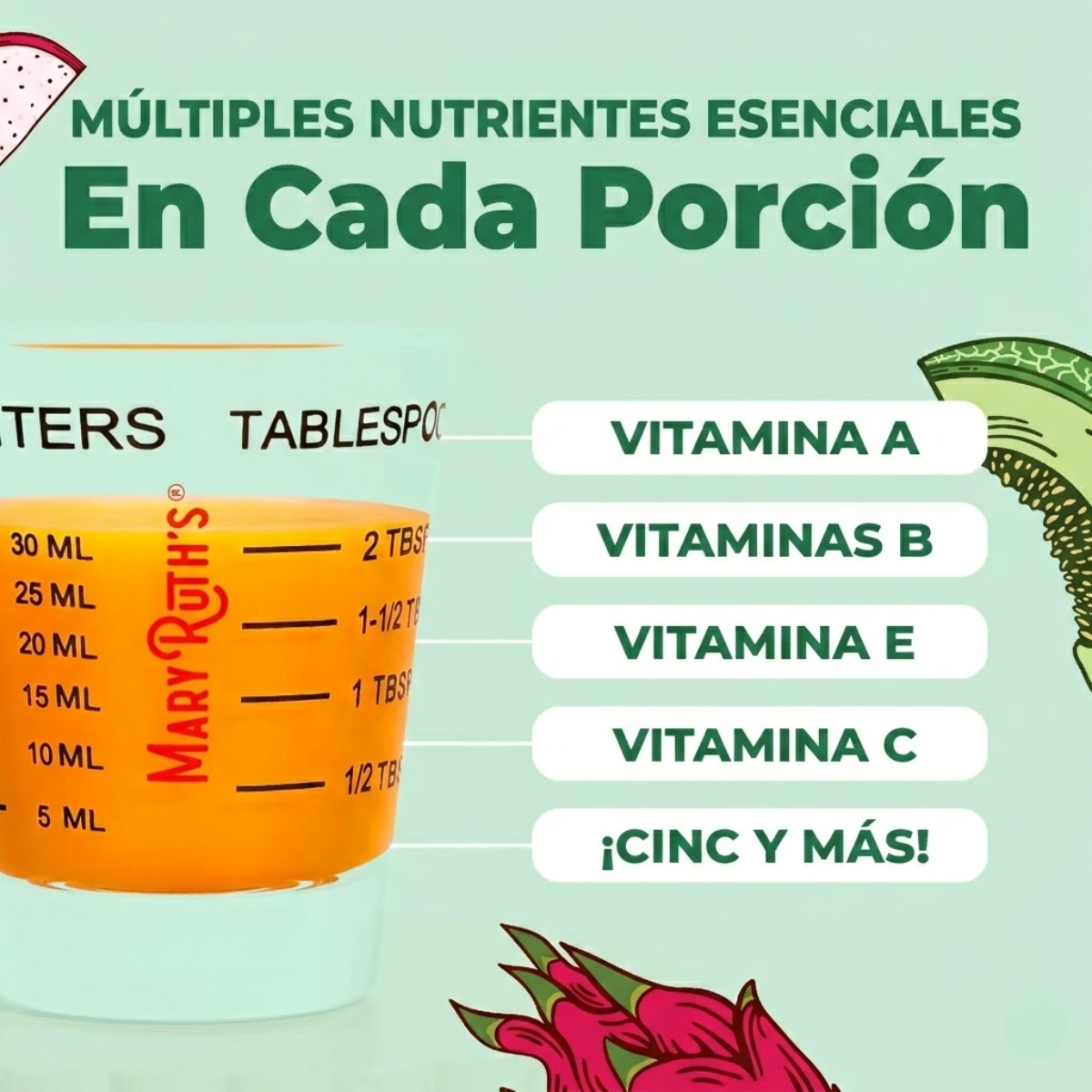 Multivitaminico Matutino + Crecimiento del Cabello Sabor Pitaya-Melon, Liquido (30 oz/ 887 ml), Mary Ruth´s