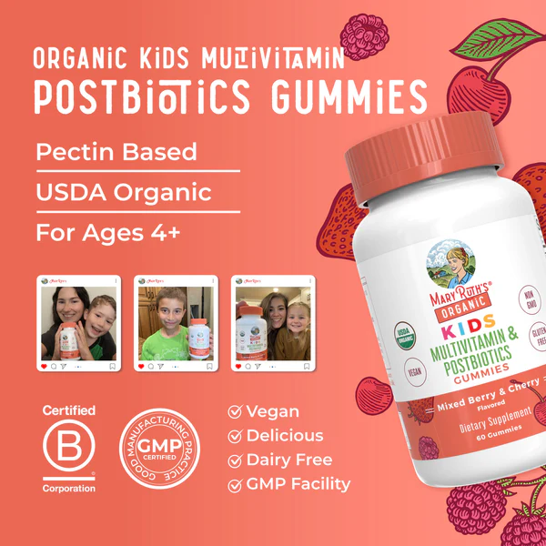 Multivitamínico orgánico para niños + Gomitas posbióticas/ Kids Multivitamin & Postbiotics Gummies, Mixed Berry & Cherry, Org, 60 ct