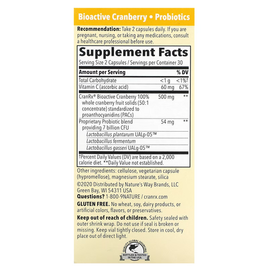 CranRx Arándano Rojo Bioactivo - Women's Care con Probióticos - Siete Mil Millones de Cultivos - Salud Urinaria - 60 Cápsulas