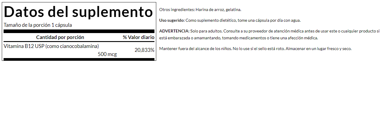 Vitamina B12 (cianocobalamina) 500mcg (100 caps)