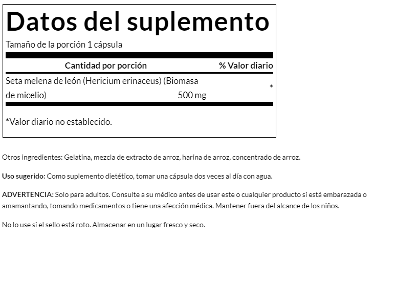 Hongo Melena de León 500mg (60 caps) / Lion´s mane Mushroom 500mg (60 caps)