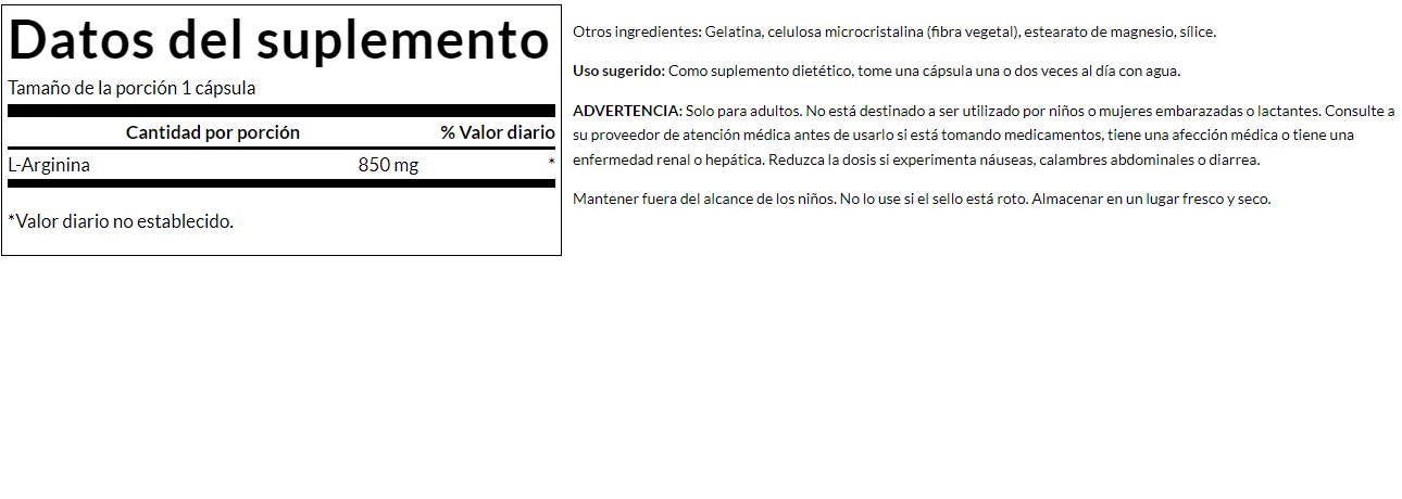L-Arginina 850mg (90 caps) / L-Arginine 850 mg (90 caps)