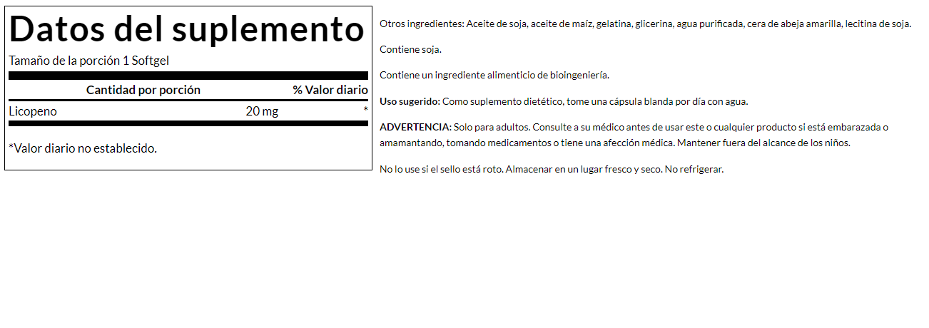 Licopeno 20 mg (60 caps blandas) / Lycopene 20 mg (60 Softgels)