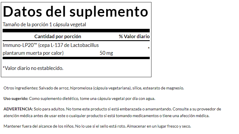 Immunobiotic Immuno-LP20 50mg (30 vcaps) Lactobacilus Probiotico.