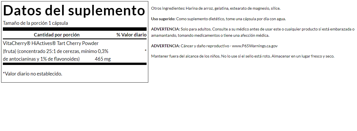 HiActives, Flavonoides de cereza agria 465mg (60 caps) Antioxidante potente / HiActives Tart Cherry 465mg (60 caps)