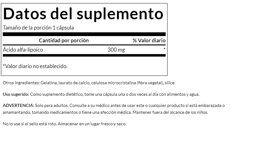 Ácido Alfa Lipoico 300 mg (120 Caps) / Alpha Lipoic Acid 300 mg (120 Caps)