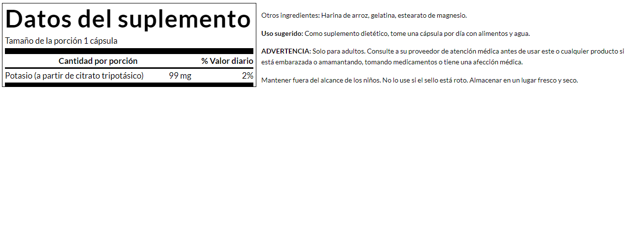 Citrato de potasio 99 mg (120 caps) / Potassium Citrate 99 mg (120 caps)