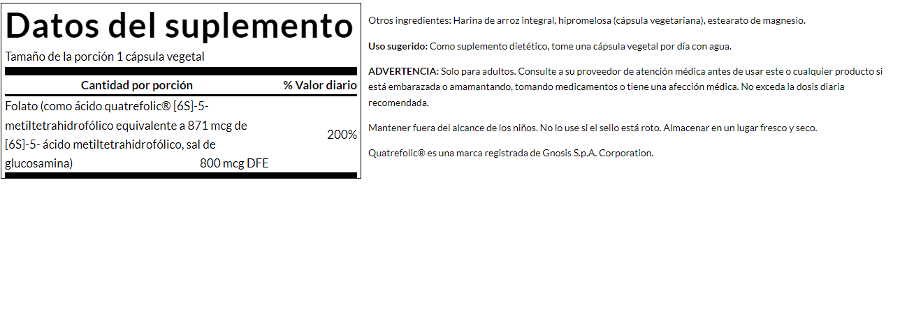 Folato (ácido 5-metiltetrahidrofólico) 800 mcg (30 vcaps) / Folate (5-methyltetrahydrofolic acid) 800mg (30vcaps)