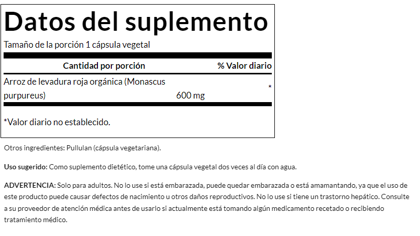 Arroz de Levadura Roja 600mg (60 vcaps) / Red Yeast Rice 600mg (60 vcaps)