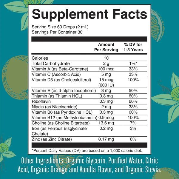 Gotas líquidas multivitamínicas orgánicas para niños pequeños con hierro (60ml) / Organic Toddler Multivitamin Liquid Drops With Iron (2oz)