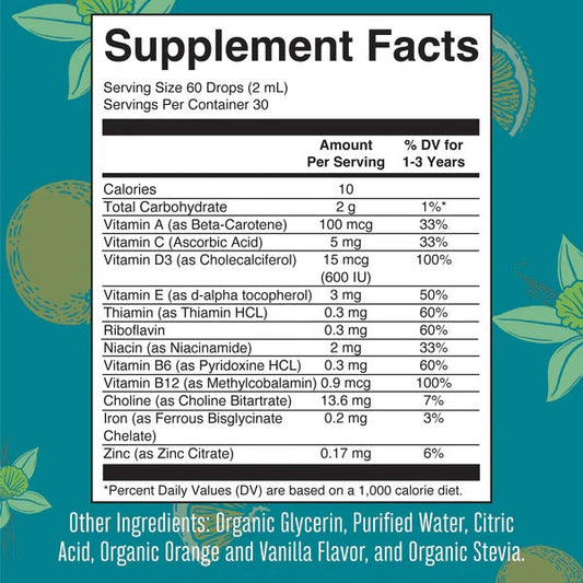 Gotas líquidas multivitamínicas orgánicas para niños pequeños con hierro (60ml) / Organic Toddler Multivitamin Liquid Drops With Iron (2oz)
