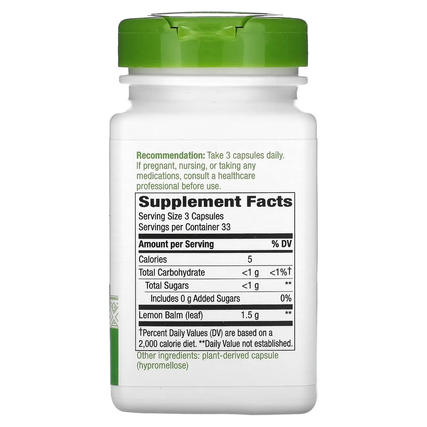 Melissa - Hoja de Bálsamo de Limón - 1,500mg - 100 Cápsulas Veganas