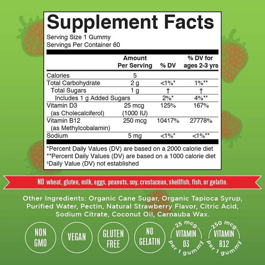 D3 + B12 Gomitas, Fresa (60gomitas) / Vitamin D3+B12 Gummies, Strawberry, (60ct)