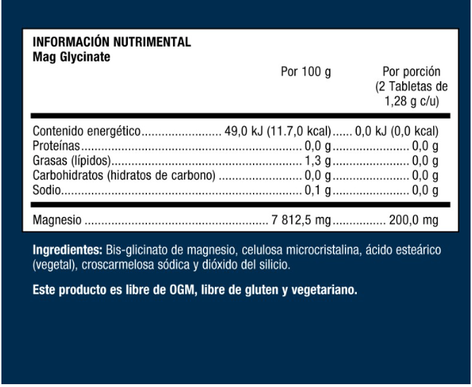 Mag Glycinate - 1.28g - 120 Tabletas