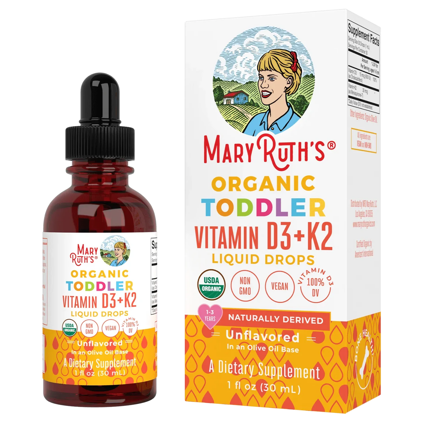 Gotas líquidas de vitamina D3+K2 para niños pequeños / Toddler Vitamin D3+K2 Drops, Unflavored, Org, 1 oz