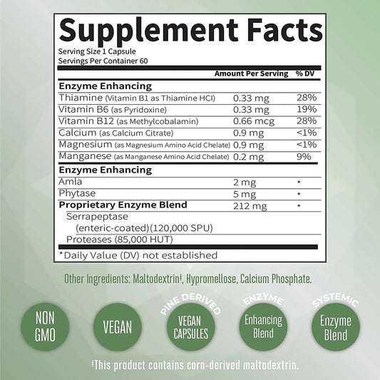 Enzimas Sistémicas Serrapeptasa (60 capsulas) / Serrapeptase Enzymes Capsules, Unflavored, (60 ct)