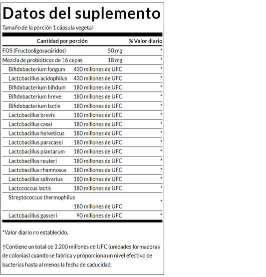 Probióticos definitivo de 16 cepas del Dr. Stephen Langer con FOS (3.2 Billion CFU 60 vcaps)/ Ultimate 16 Strain Probiotic with FOS