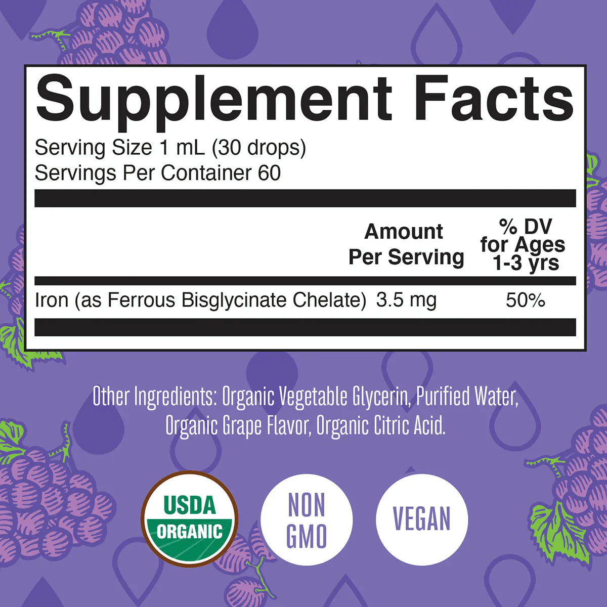 Gotas líquidas orgánicas de hierro para niños pequeños (60ml) / Toddler Iron Drops, Grape, Org, (2oz)