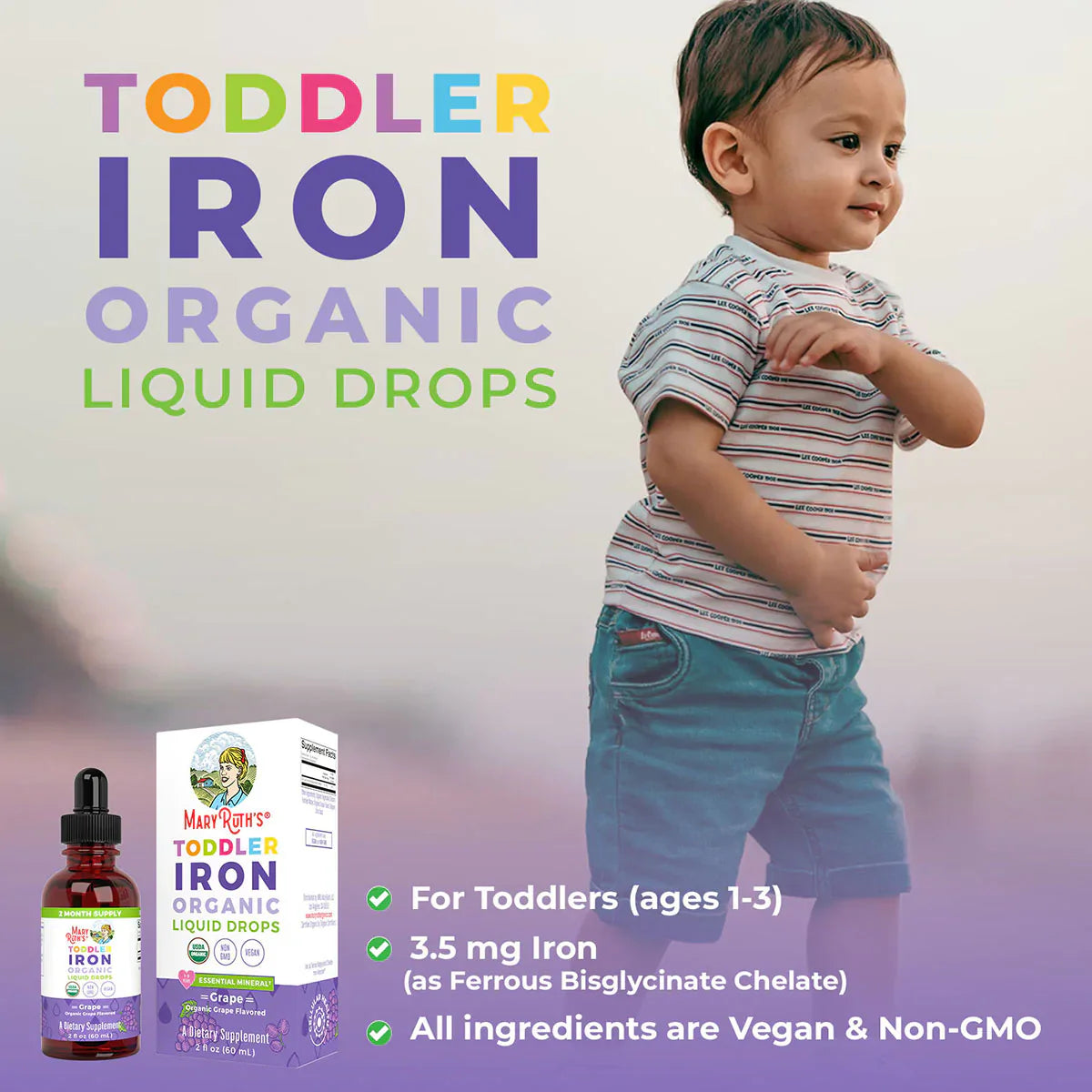 Gotas líquidas orgánicas de hierro para niños pequeños (60ml) / Toddler Iron Drops, Grape, Org, (2oz)