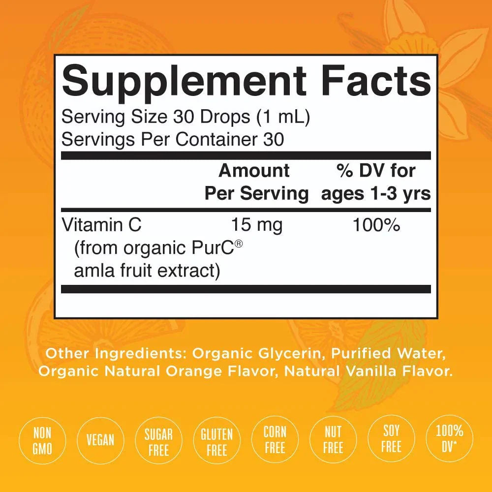 Gotas líquidas orgánicas de vitamina C para niños pequeños (30ml) /Toddler Vitamin C Drops, Orange Vanilla, Org, (1oz)