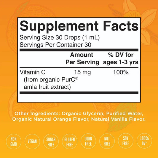 Gotas líquidas orgánicas de vitamina C para niños pequeños (30ml) /Toddler Vitamin C Drops, Orange Vanilla, Org, (1oz)