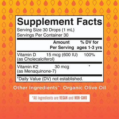 Gotas líquidas de vitamina D3+K2 para niños pequeños / Toddler Vitamin D3+K2 Drops, Unflavored, Org, 1 oz