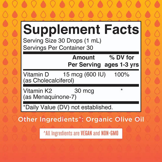 Gotas líquidas de vitamina D3+K2 para niños pequeños / Toddler Vitamin D3+K2 Drops, Unflavored, Org, 1 oz