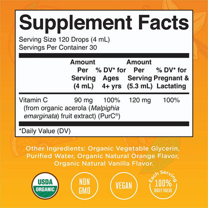 Gotas líquidas de vitamina C orgánica (120ml) / Adult Vitamin C Drops, Orange Vanilla, Org, (4oz)