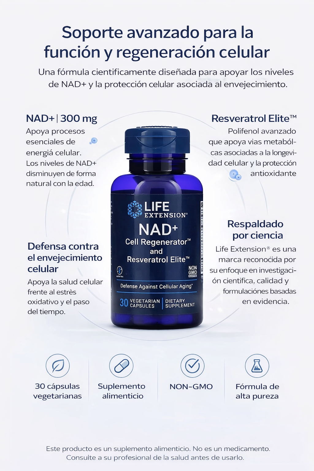 NAD 300mg + Cell Regenerator y Resveratrol Elite (30 vcaps) / NAD+ Cell Regenerator and Resveratrol Elite (30 vcaps)