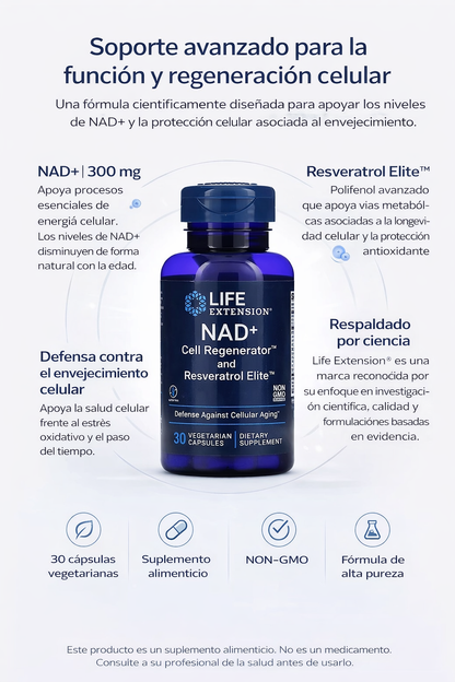 NAD 300mg + Cell Regenerator y Resveratrol Elite (30 vcaps) / NAD+ Cell Regenerator and Resveratrol Elite (30 vcaps)